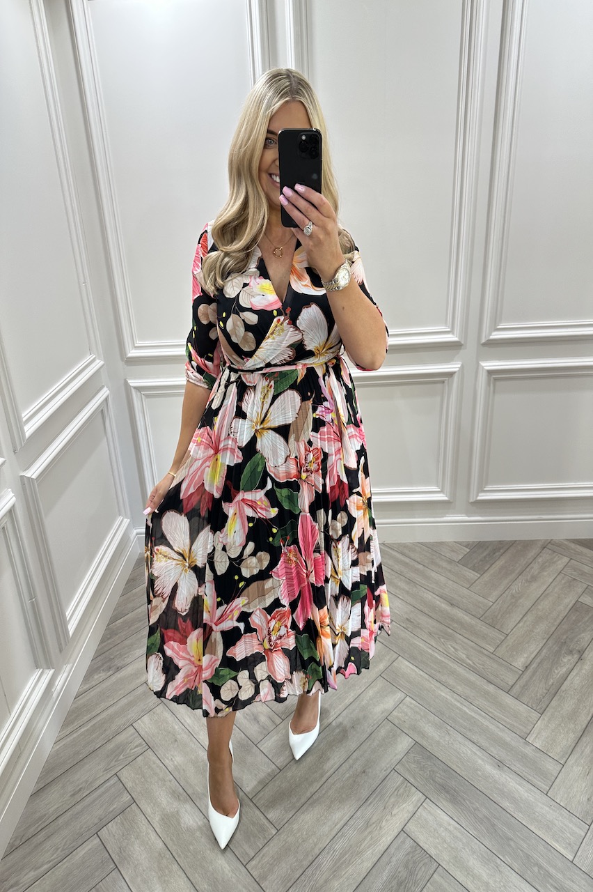 Black Lucinda Floral Print Chiffon Pleated Belt Midi Dress