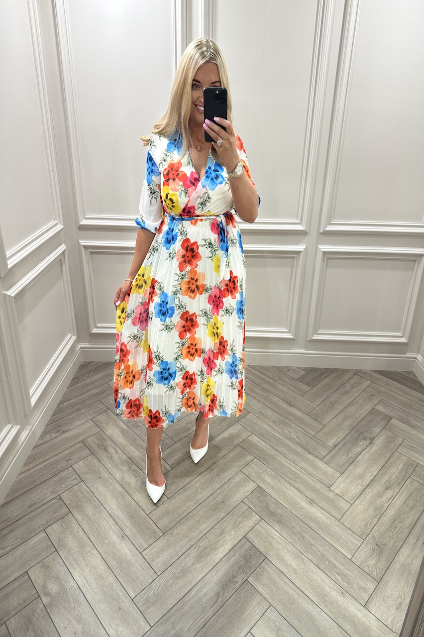 White Iris Foral Print Chiffon Pleated Belt Midi Dress