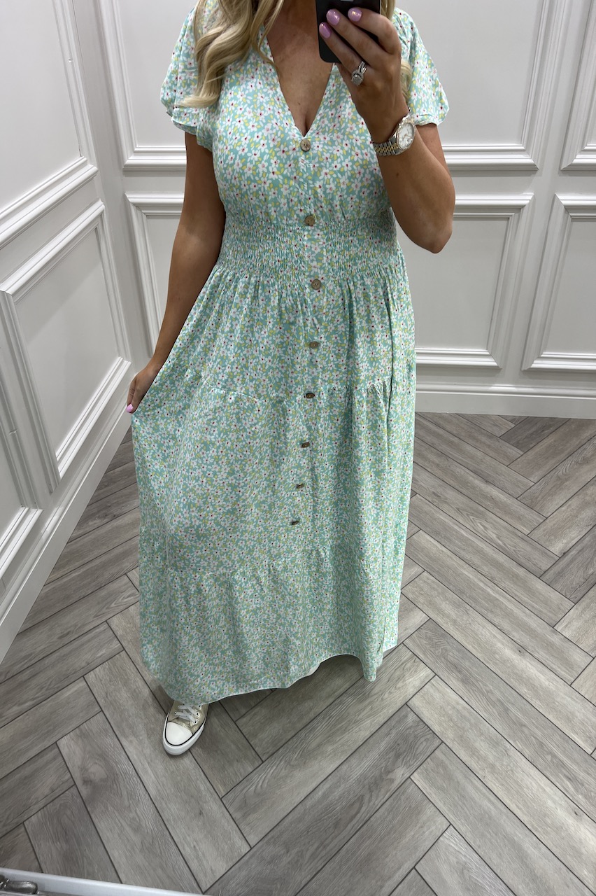 Marya Green Blossom Shirred Midi Dress