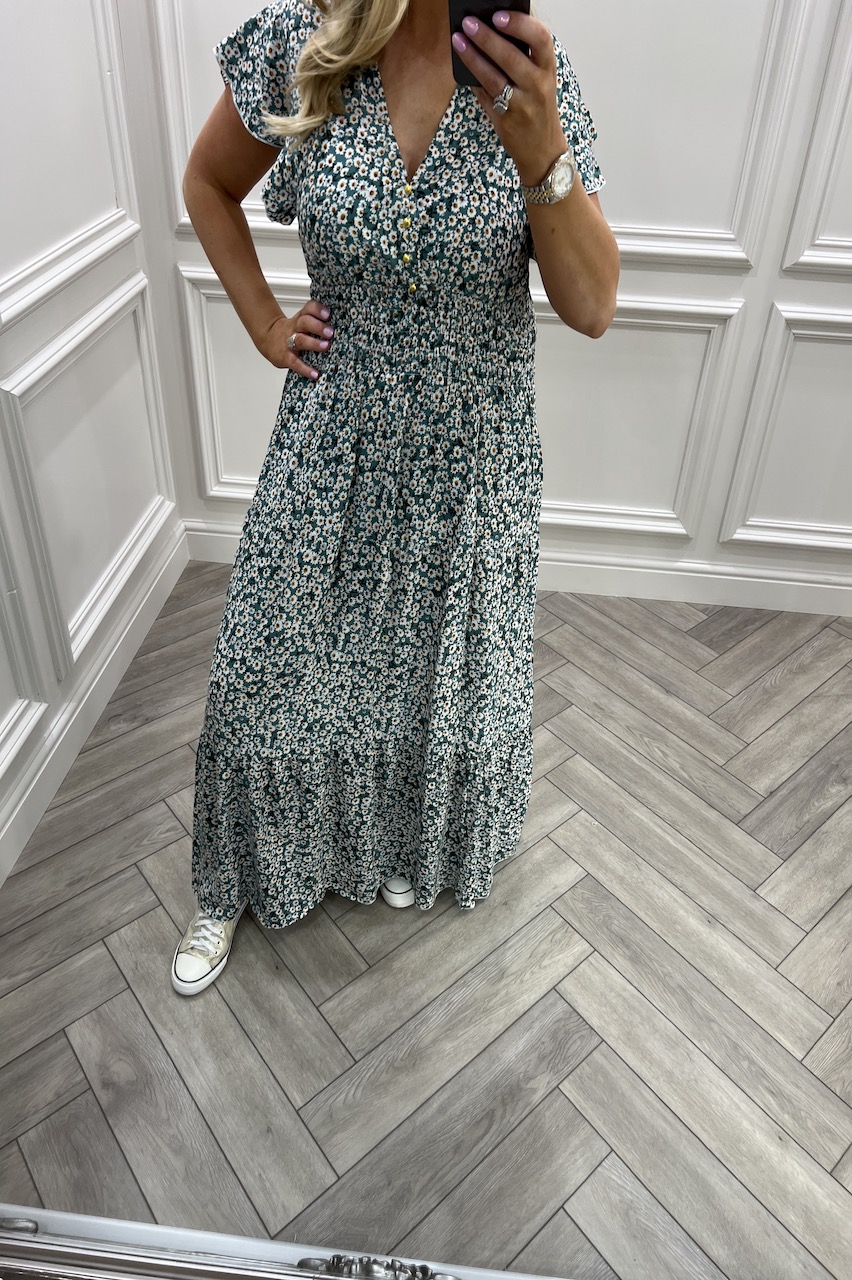 Lesley Green Blossom Shirred Midi Dress