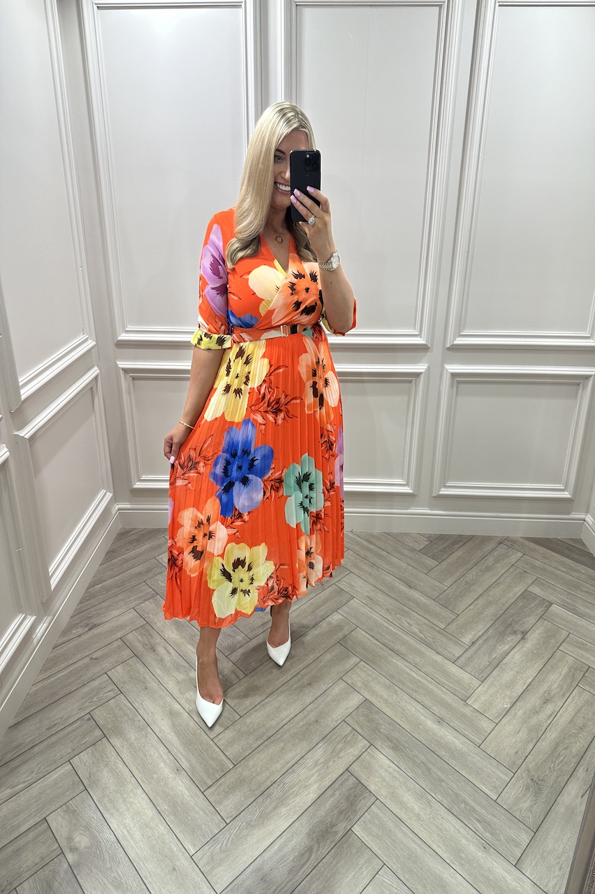 Victoria Orange  Iris Floral Print Pleated Belt Midi Dress