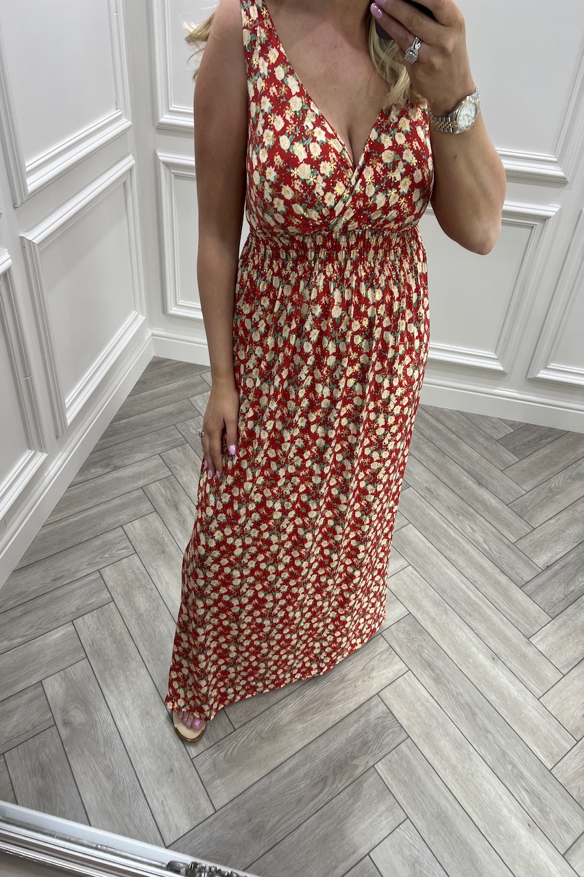 Red Rose Garden Floral Padded Bust  Maxi Dress