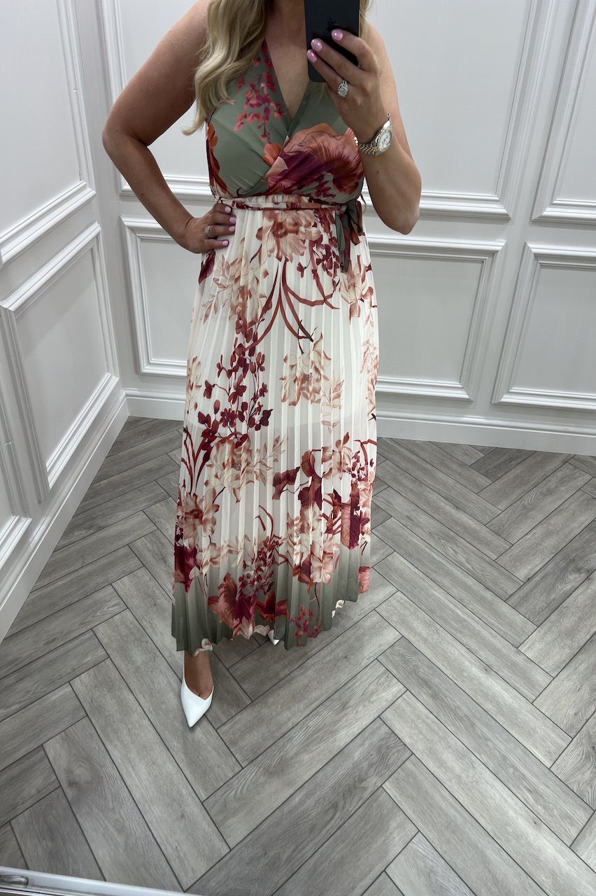 Cara Khaki Ombre Floral Chiffon Belt Midi Dress