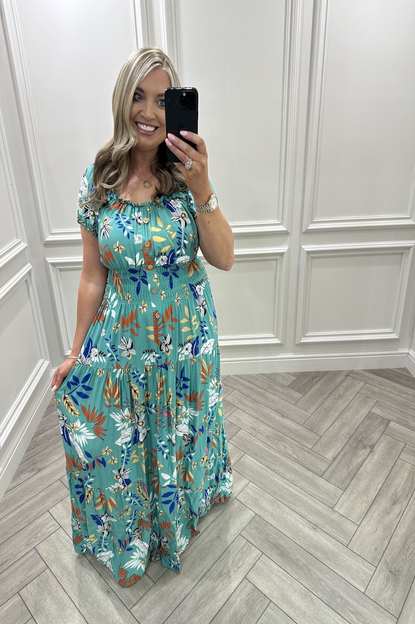 Shauna Green Floral Shirred Midi Dress