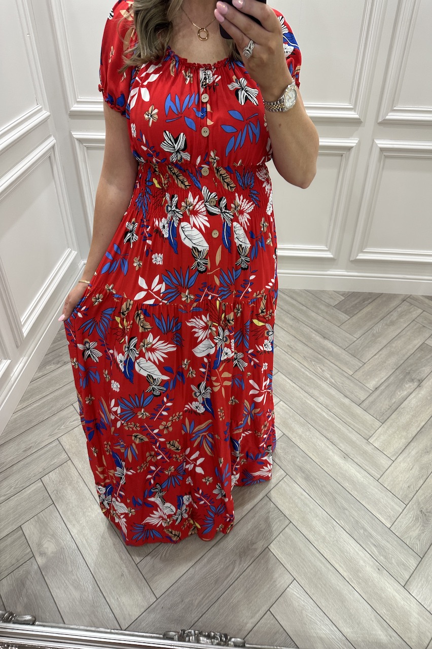 Shauna Red Floral Shirred Midi Dress