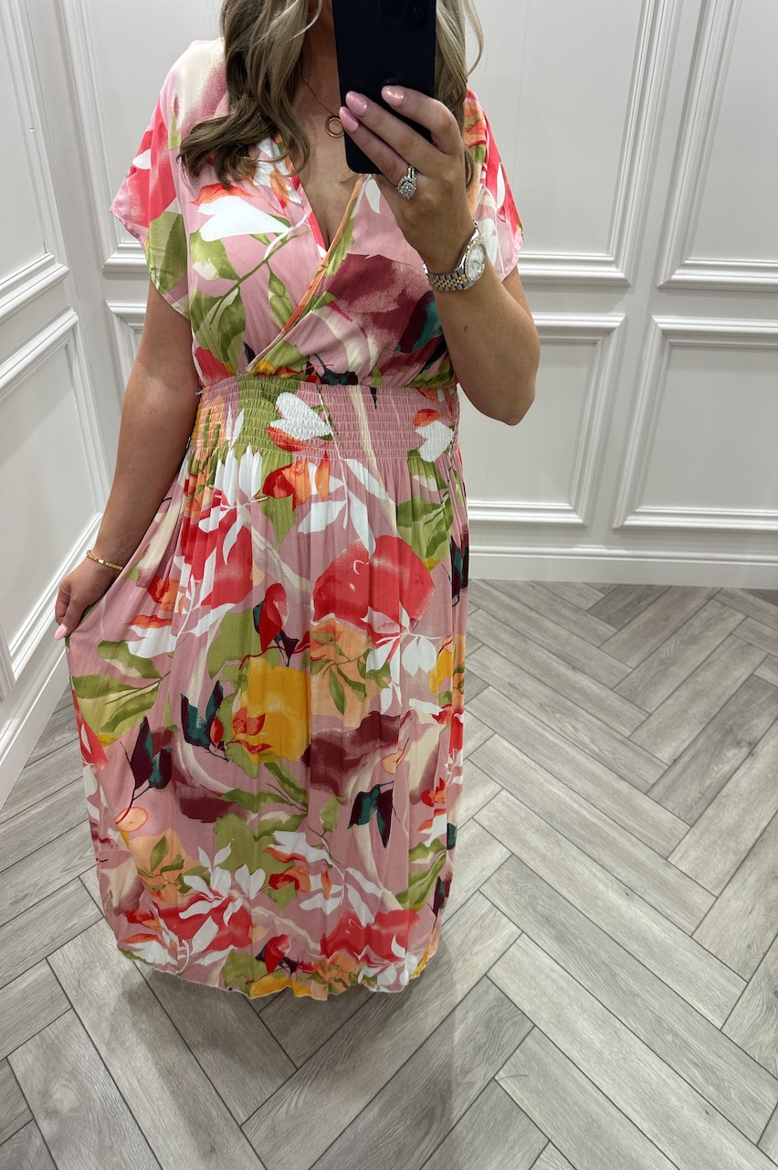 Azores Pink  Shirred Waist Midi Dress