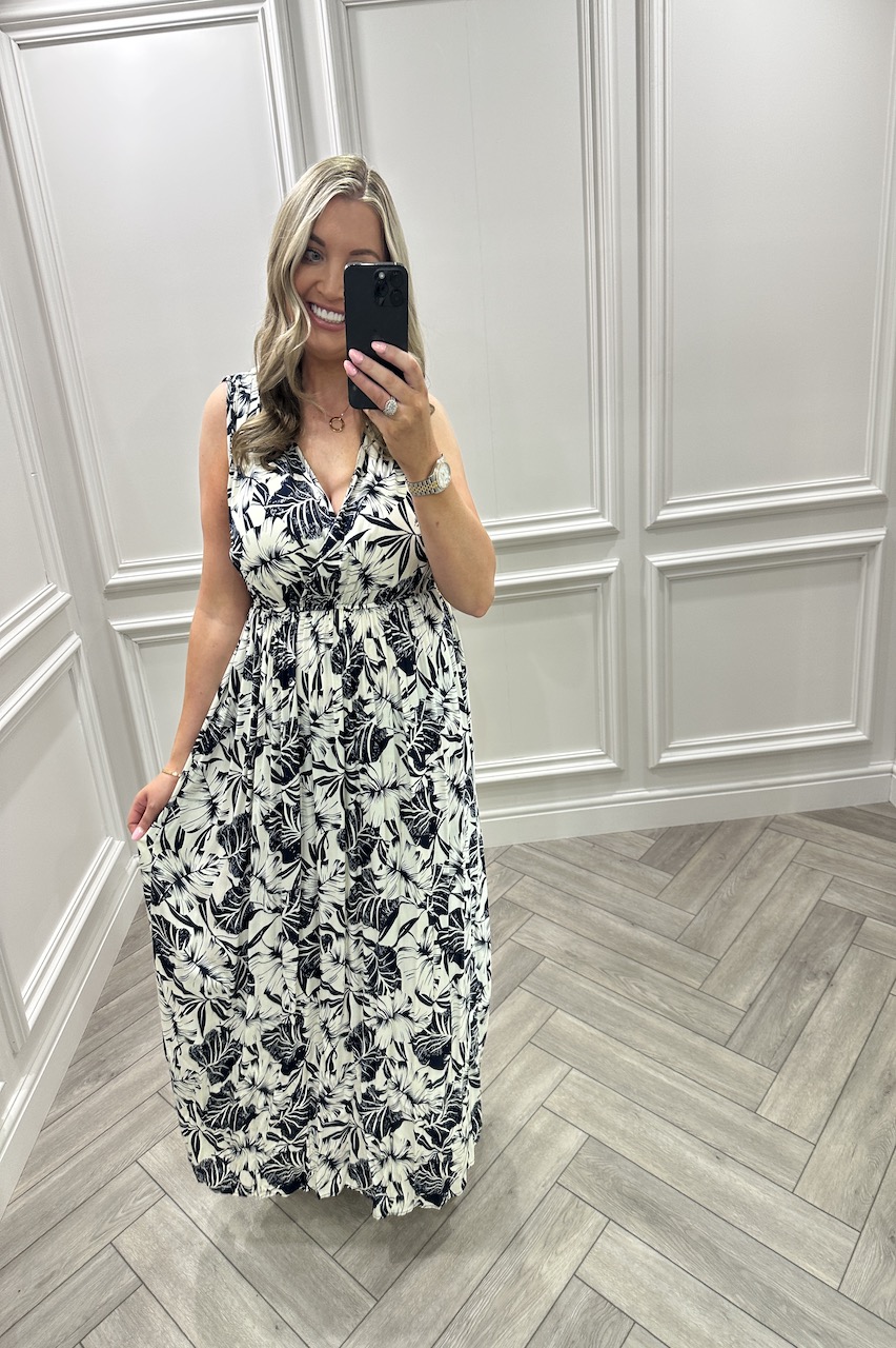 Navy Aruba Leaf Shirred Midi Dress