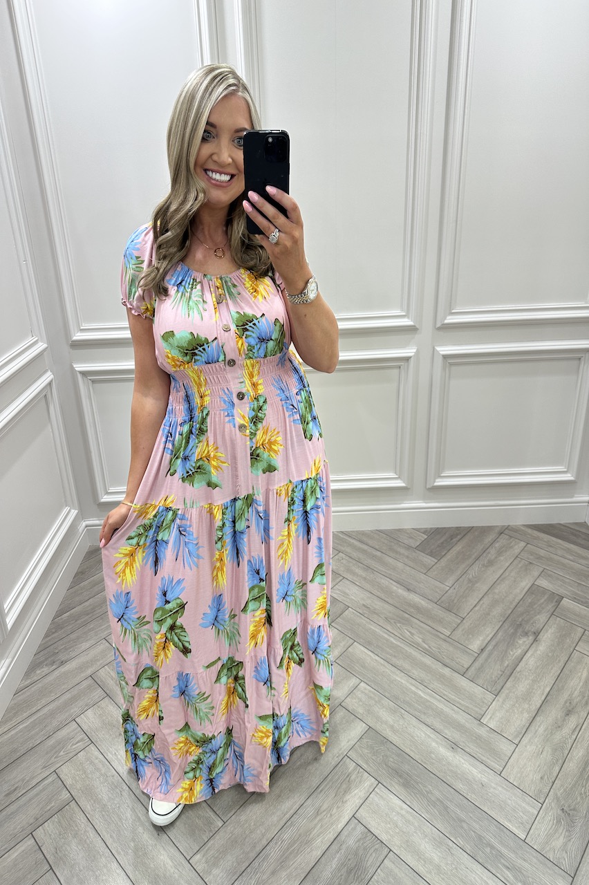 Cassie Pink Leaf Shirred Midi Dress