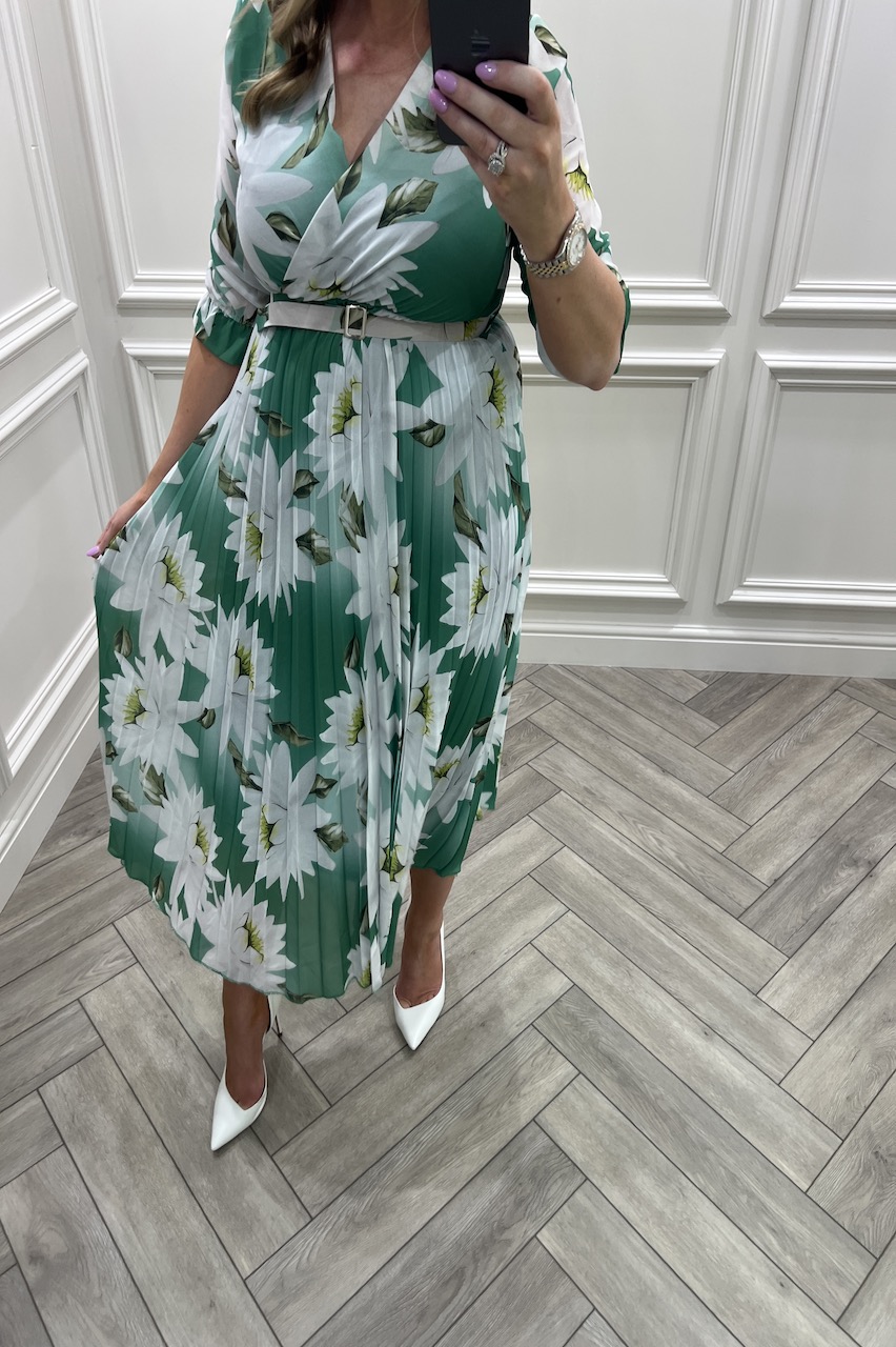Green Cassia Floral Print Pleated Belt Midi Dress