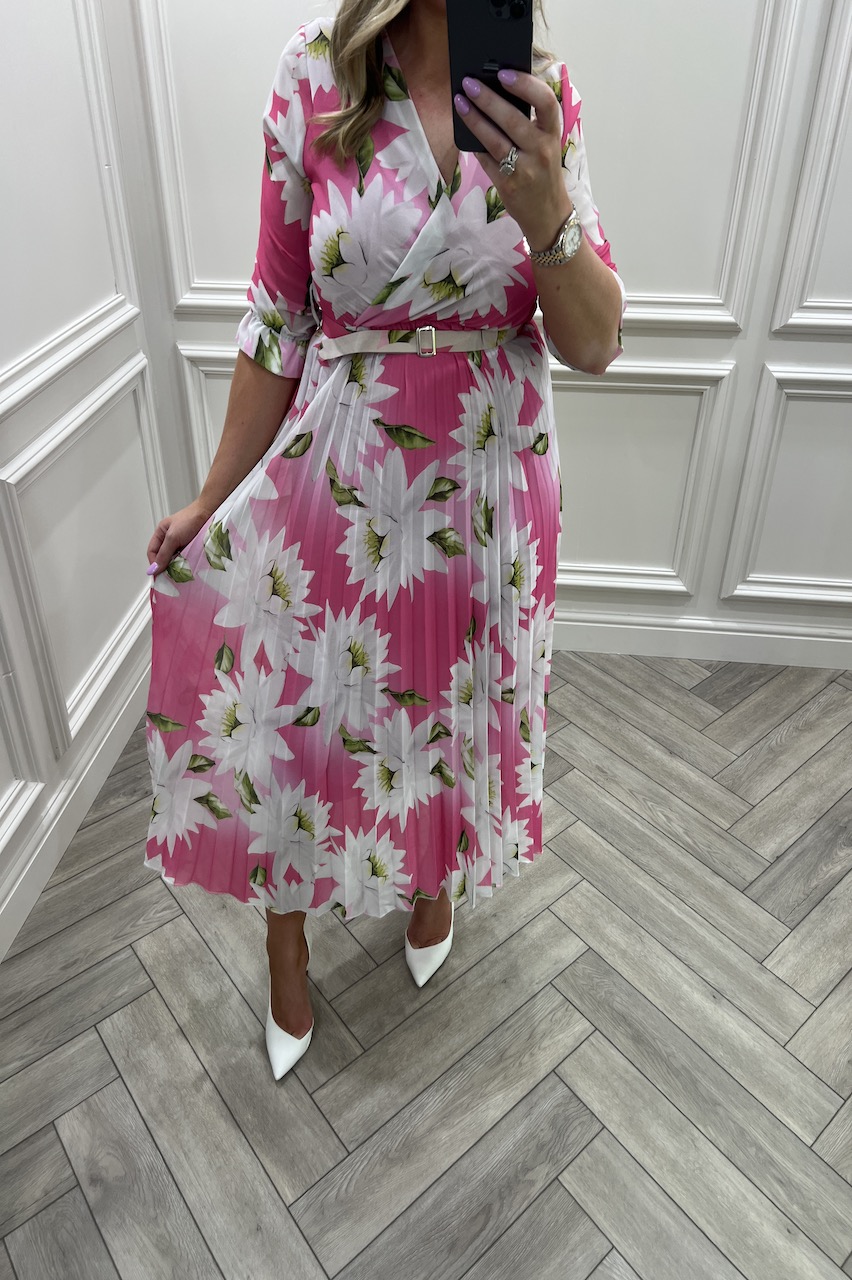Pink Cassia Floral Print Pleated Belt Midi Dress