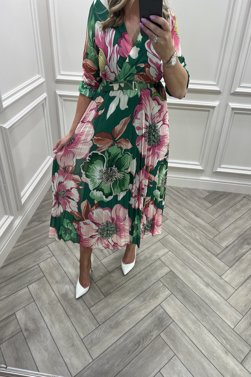 Green Dahlia Floral Print Pleated Belt Midi Dress