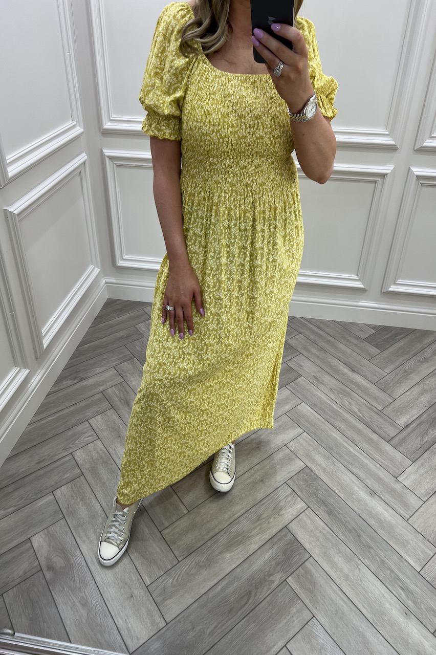 Yellow Bloom & Blossom Shirred Midi Dress 