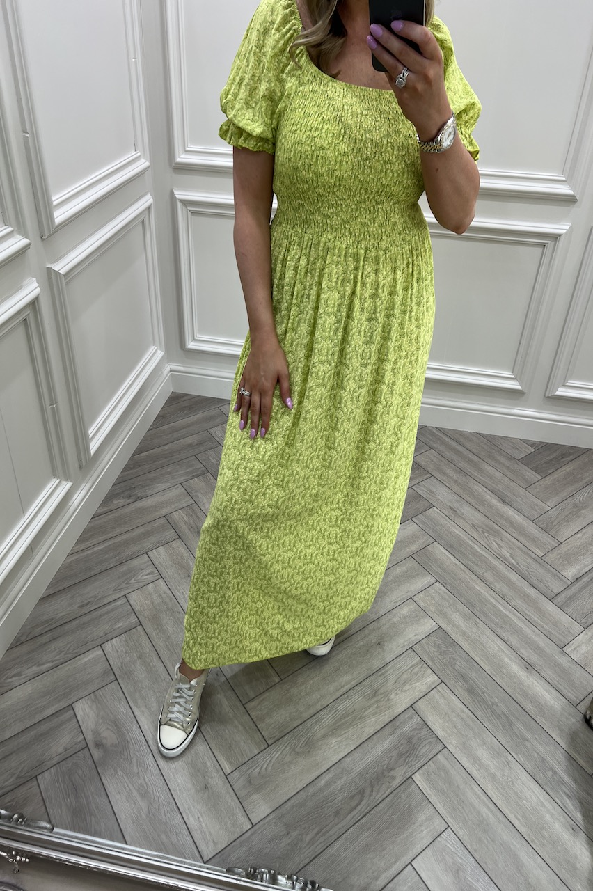 Lime Bloom & Blossom Shirred Midi Dress 
