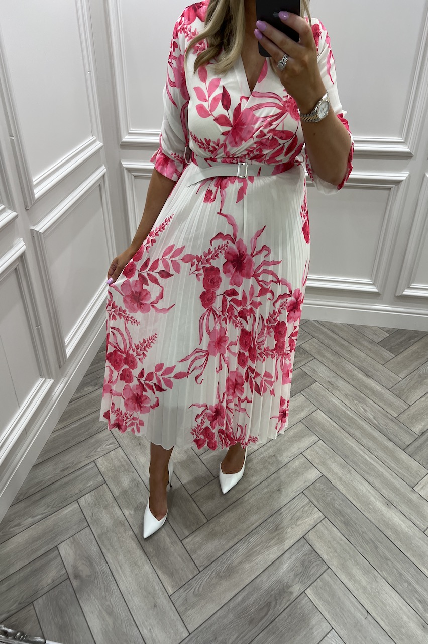 Pink Wedgewood  Floral Print Belt Pleated Midi Dress