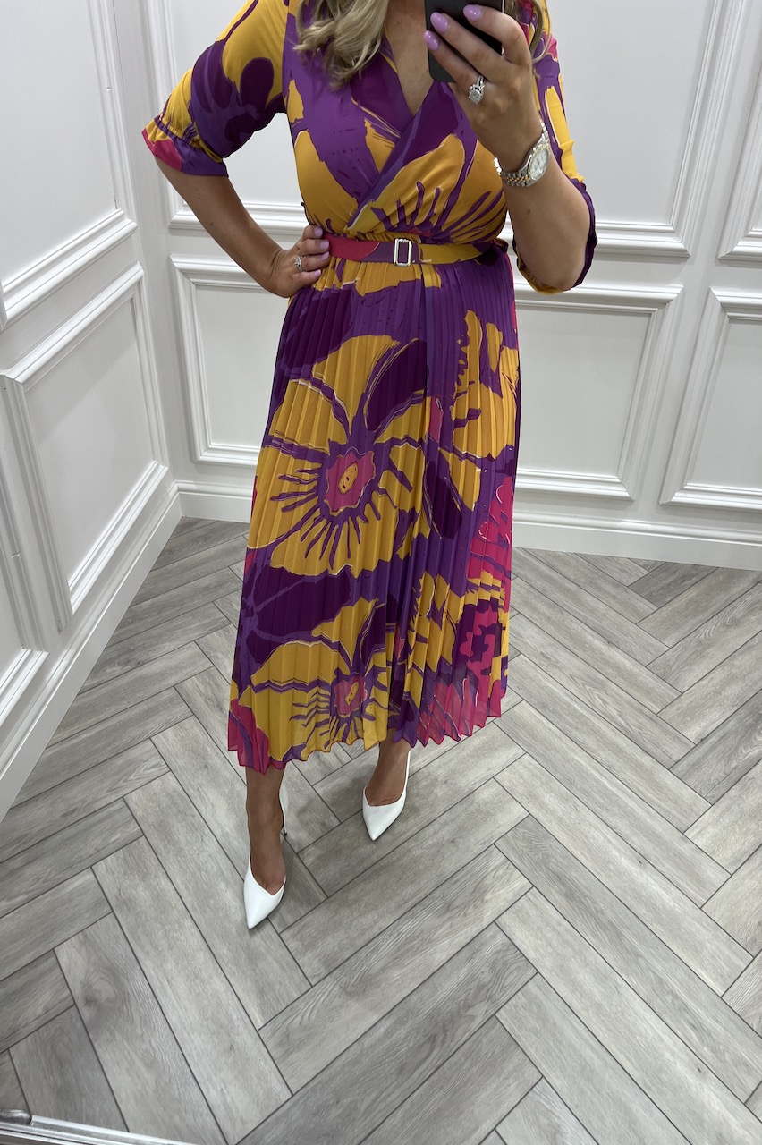 Yellow Flower Bomb Floral Print Belt Pleated Midi Dress