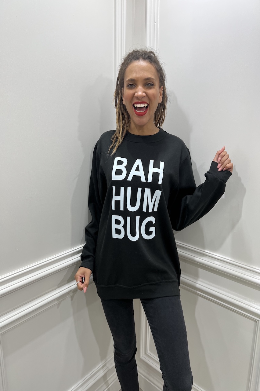 Black Bah Hum Bug Christmas Sweatshirt.