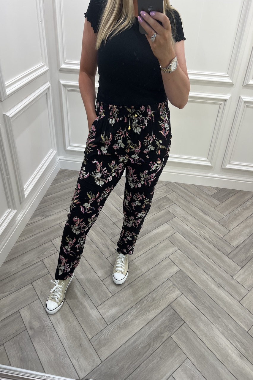 Black  Priscilla  Floral Elasticated Trousers