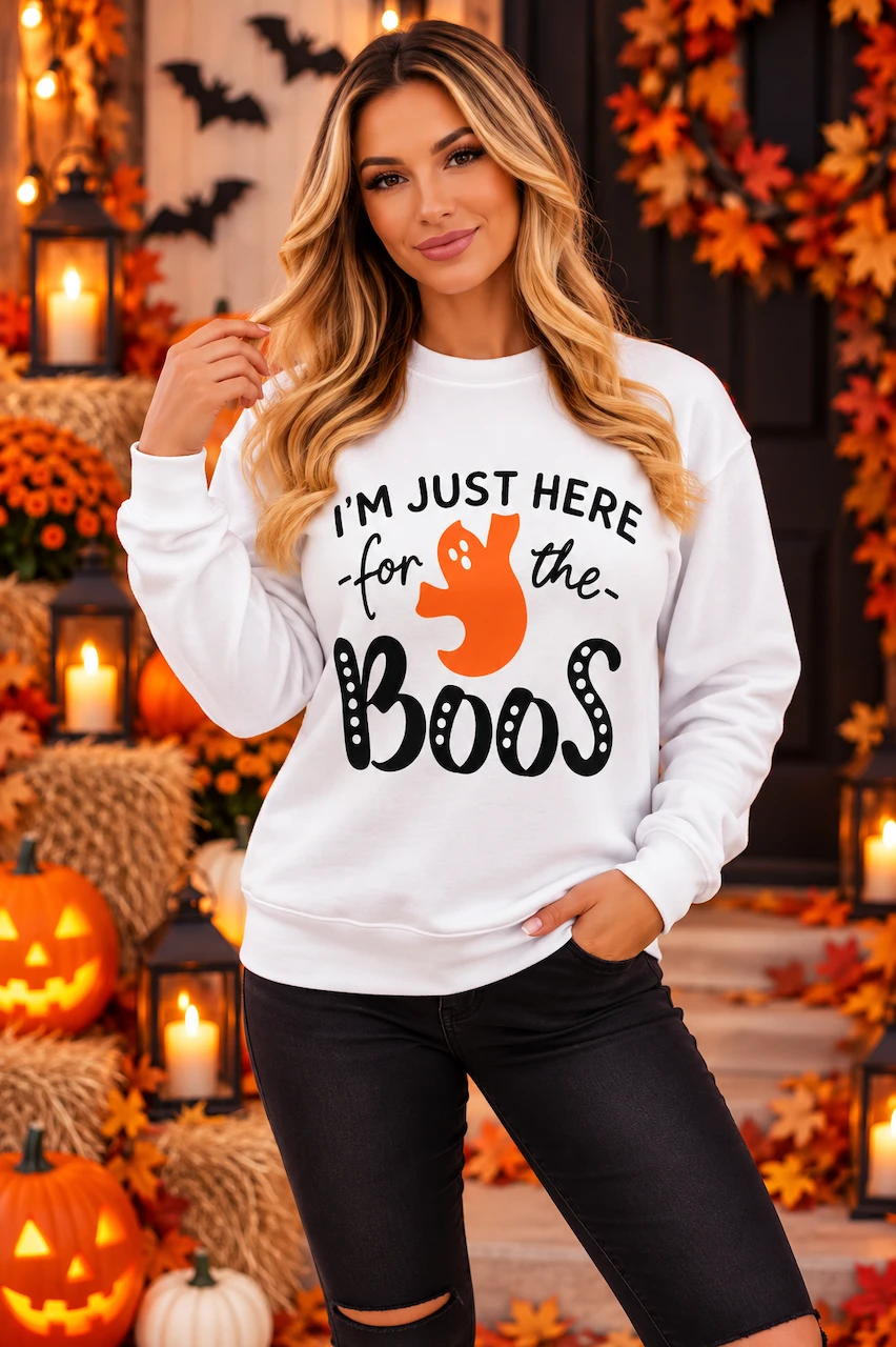 White 'I'm just here for the boo's' Halloween Sweatshirt