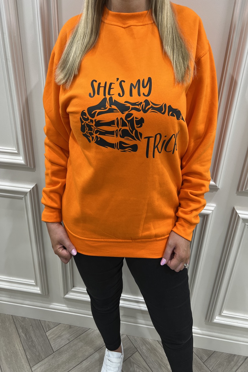 Orange 'She's my trick ' Halloween Sweatshirt 