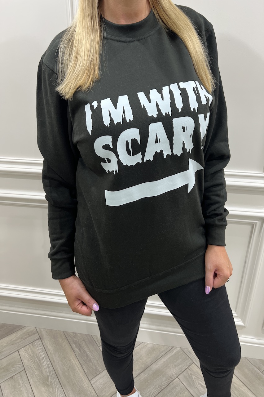 Black 'I'm with scary' arrow right Halloween Sweatshirt 