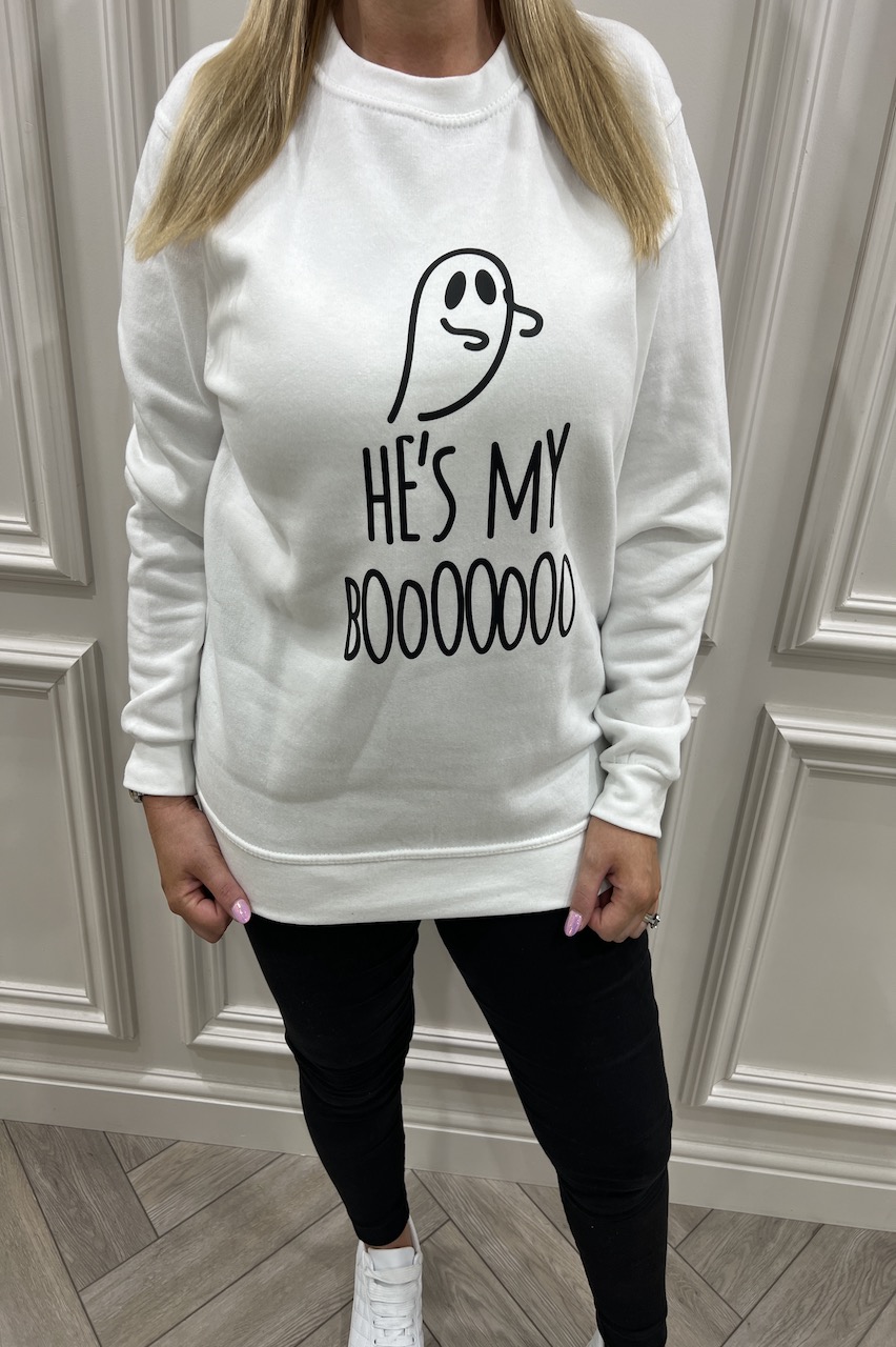 White 'He's my boo' Halloween Sweatshirt 