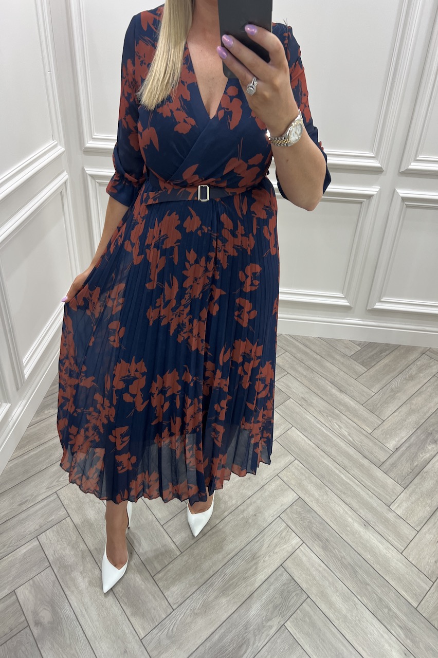 Doreen Navy Pleated Midi Dress