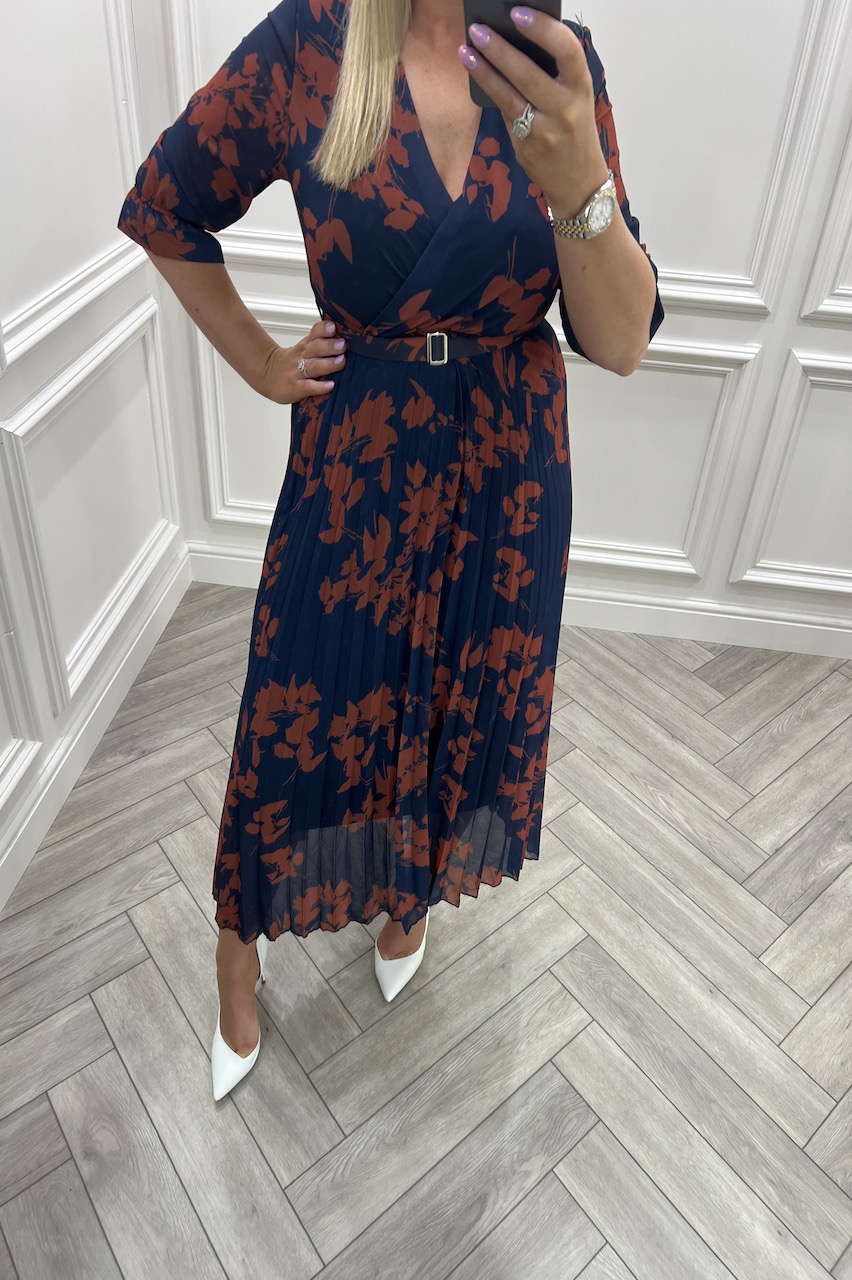 Doreen Navy Pleated Midi Dress