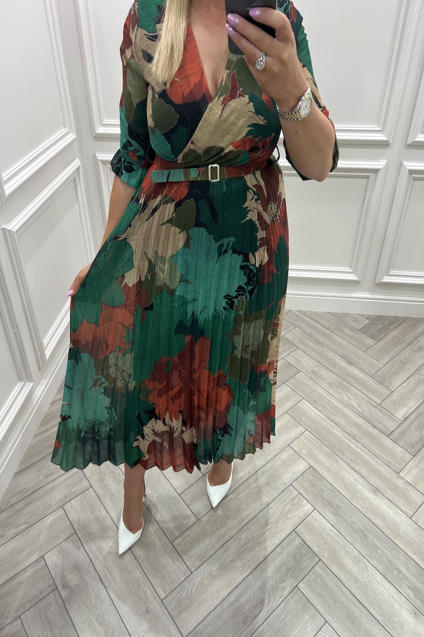 Alexa Green Pleated Midi Dress