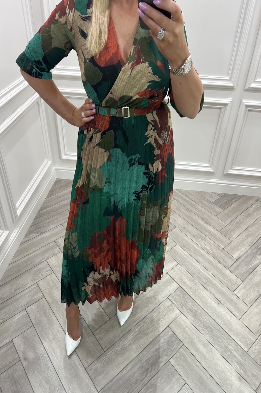 Alexa Green Pleated Midi Dress