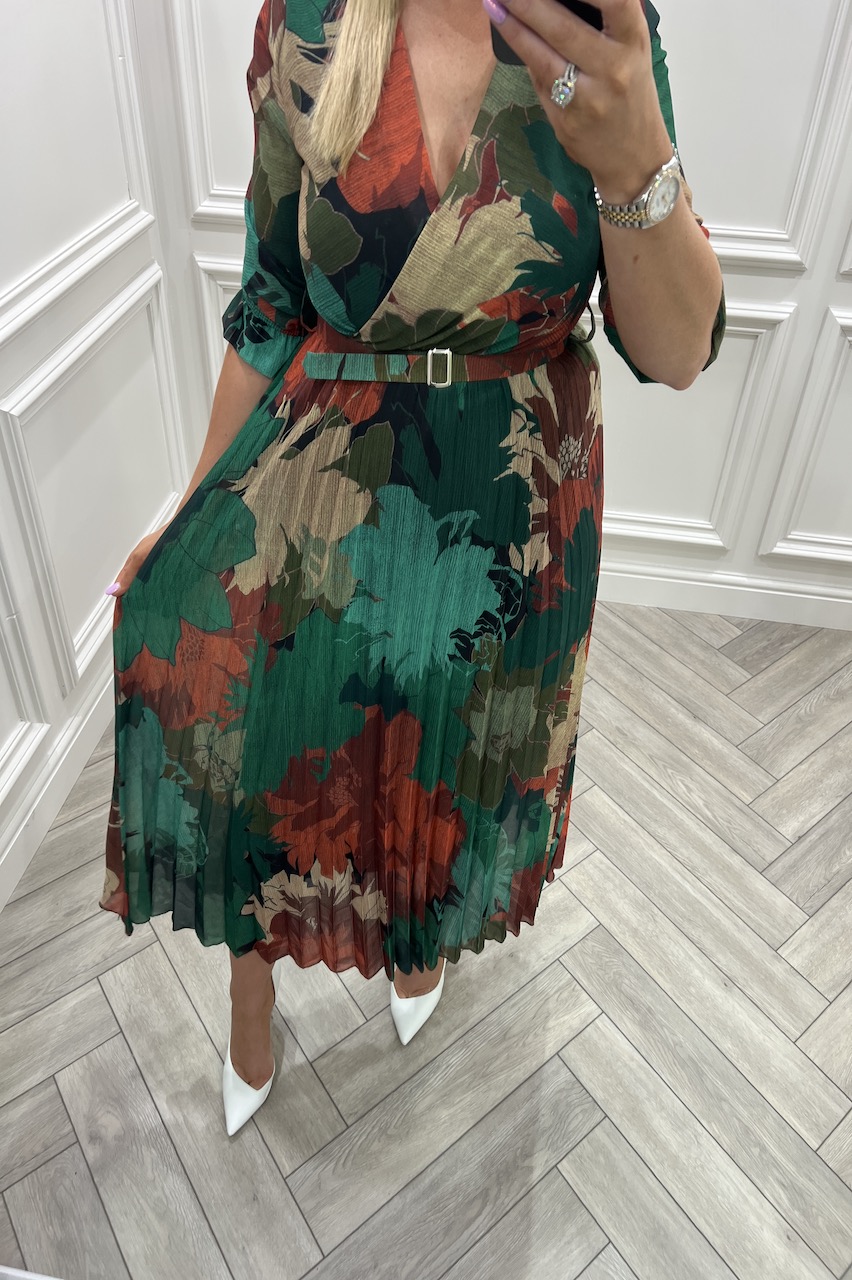 Alexa Green Pleated Midi Dress
