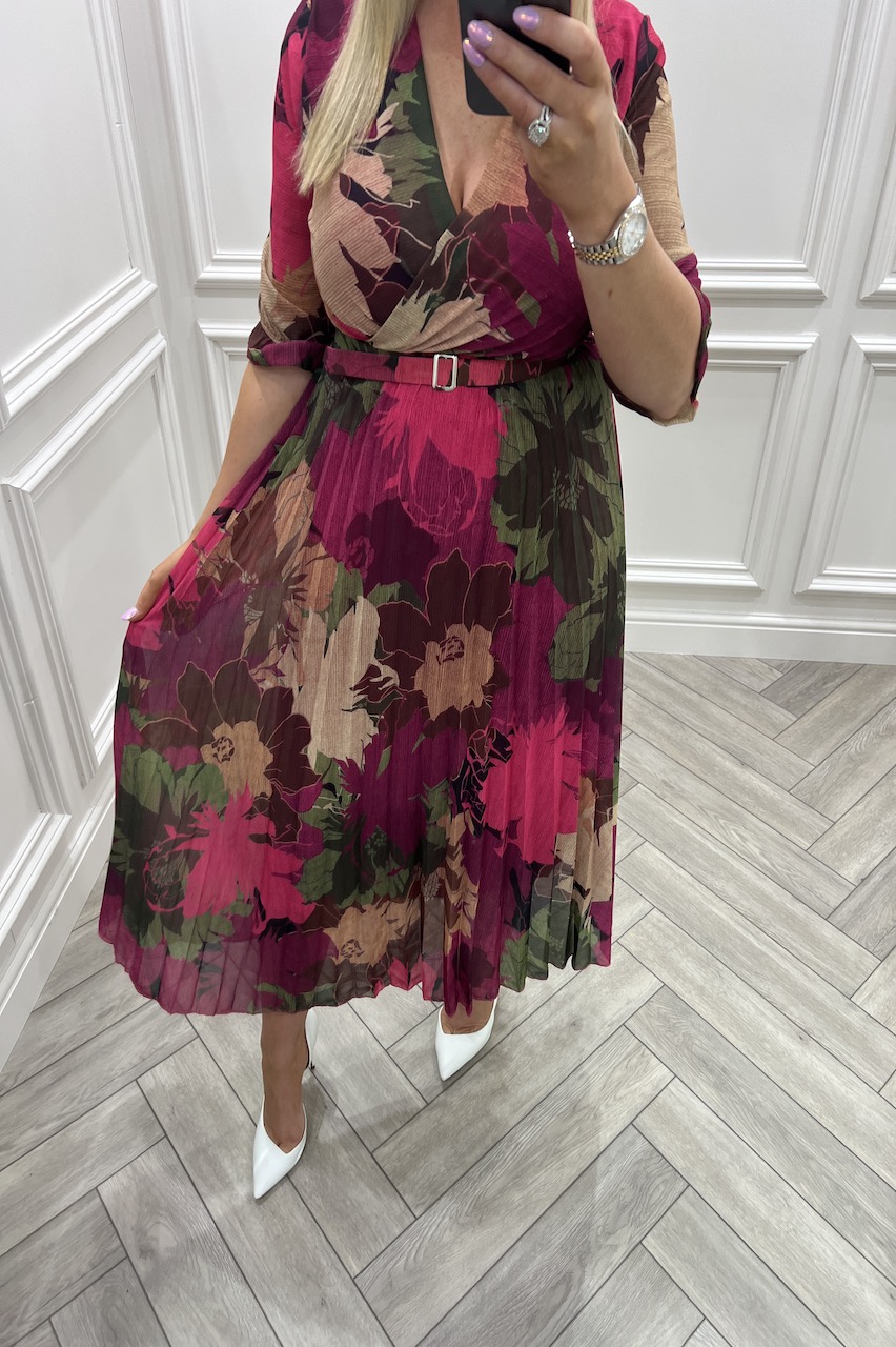 Alexa Pink Pleated Midi Dress