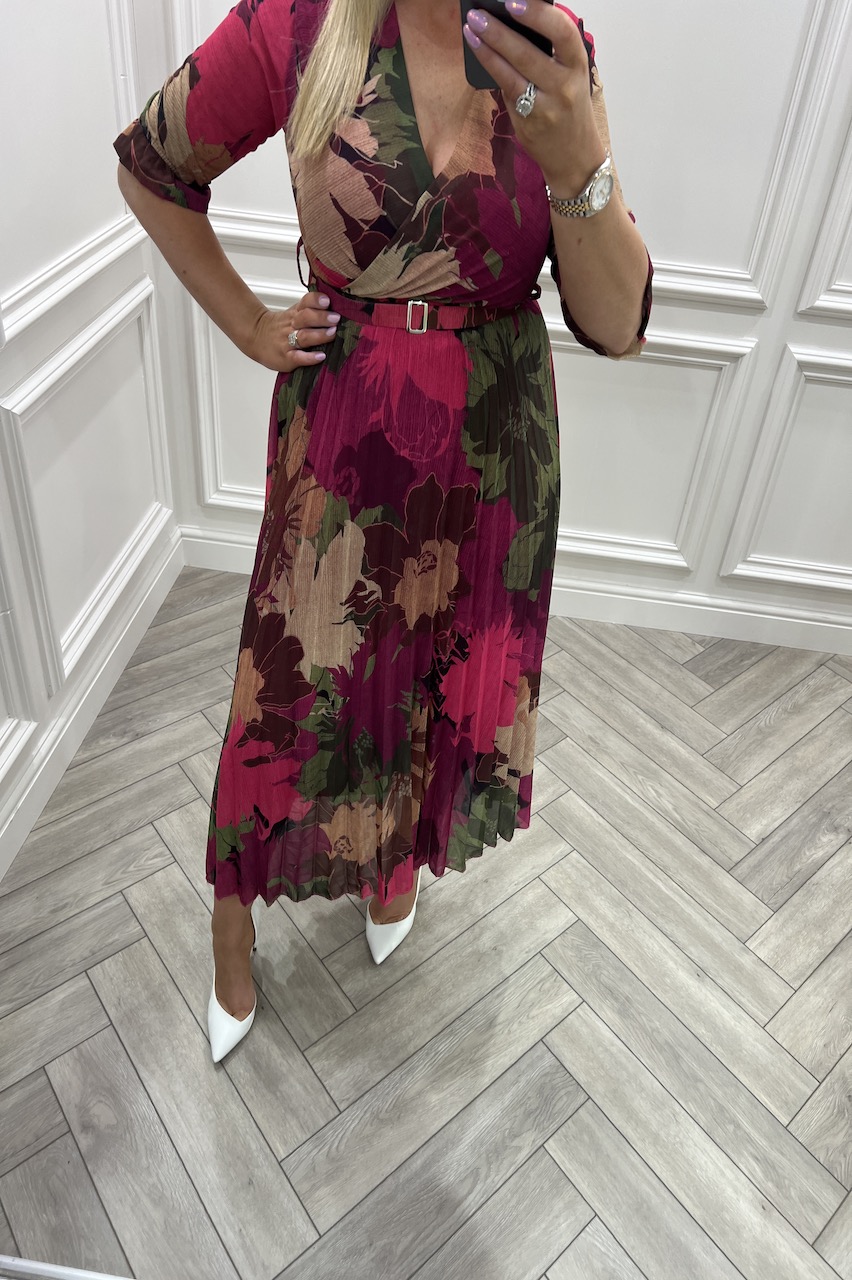 Alexa Pink Pleated Midi Dress