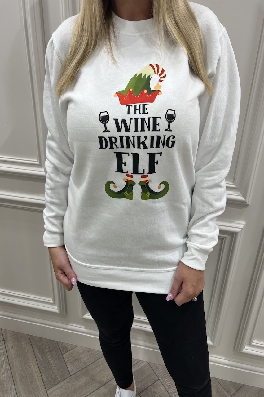 White 'The wine drinking elf' Christmas Sweatshirt