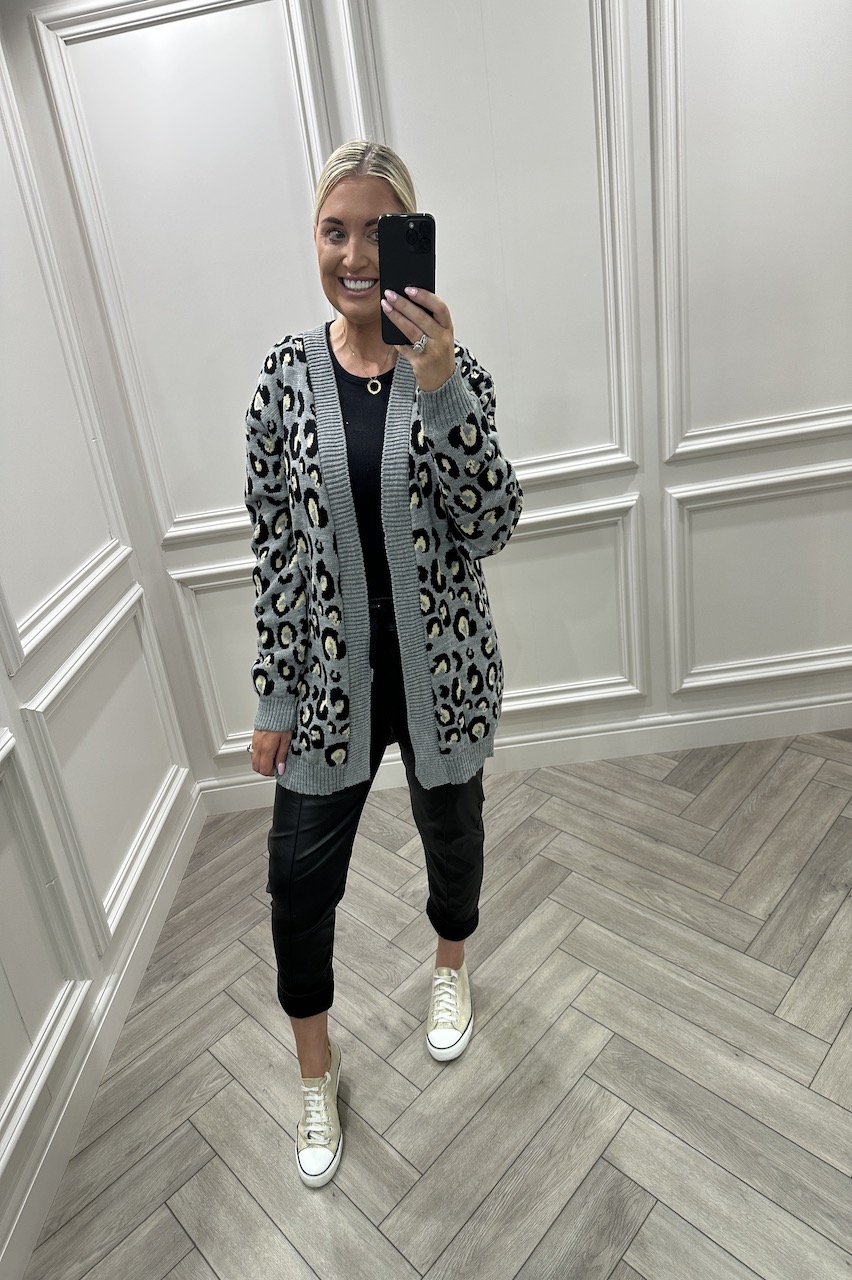 Grey Leopard Knitted Cardigan