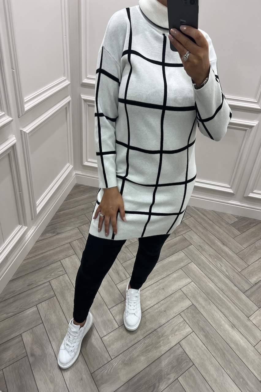 Parisian White & Black Check High Neck Knitted Jumper