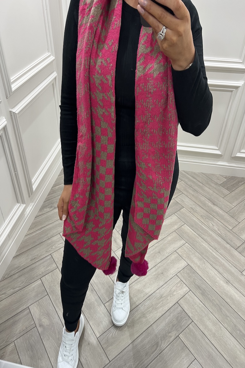 Pink Houndstooth Scarf With Faux Fur Pom Pom 