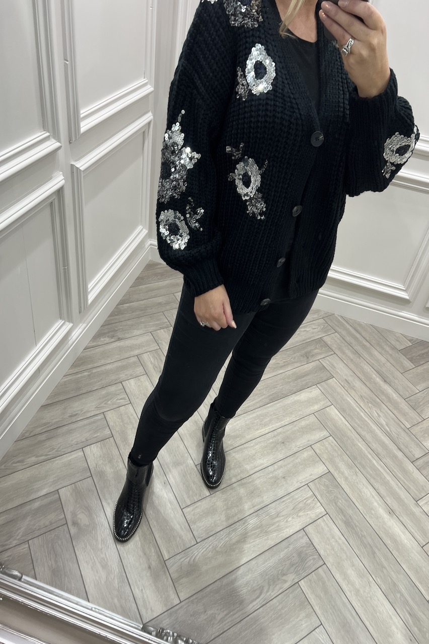 Black Rose Sequin Knitted Cardigan