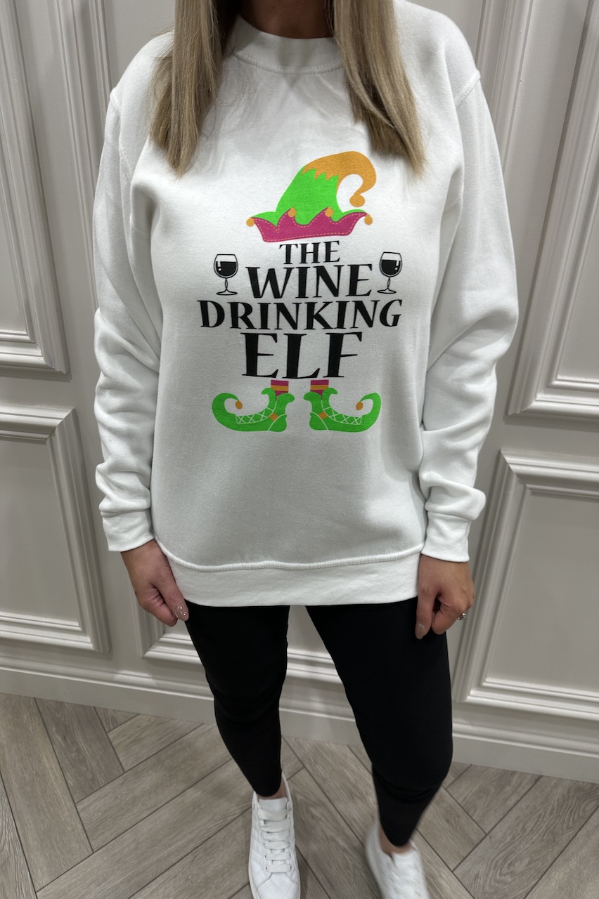 Neon White 'The wine drinking elf' Christmas Sweatshirt