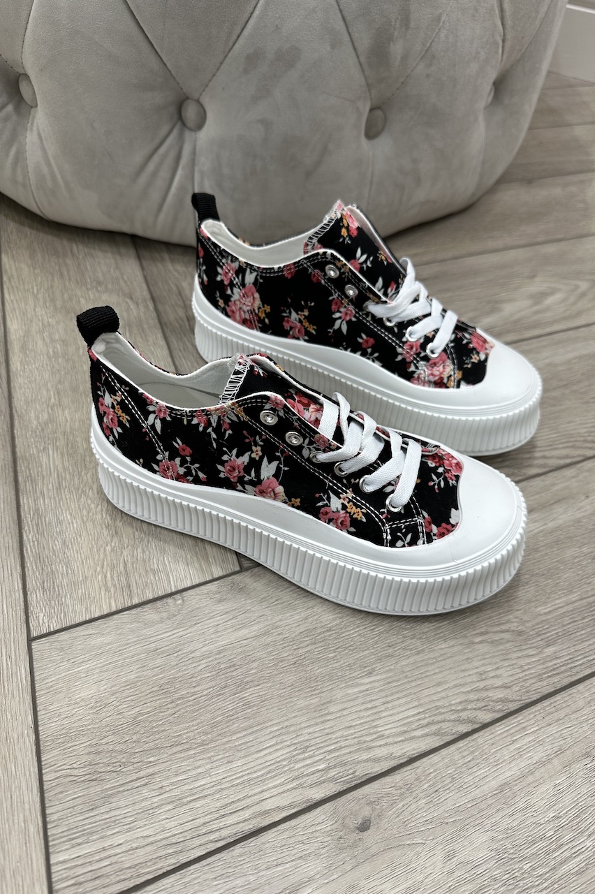 Azalea Black Floral Trainers