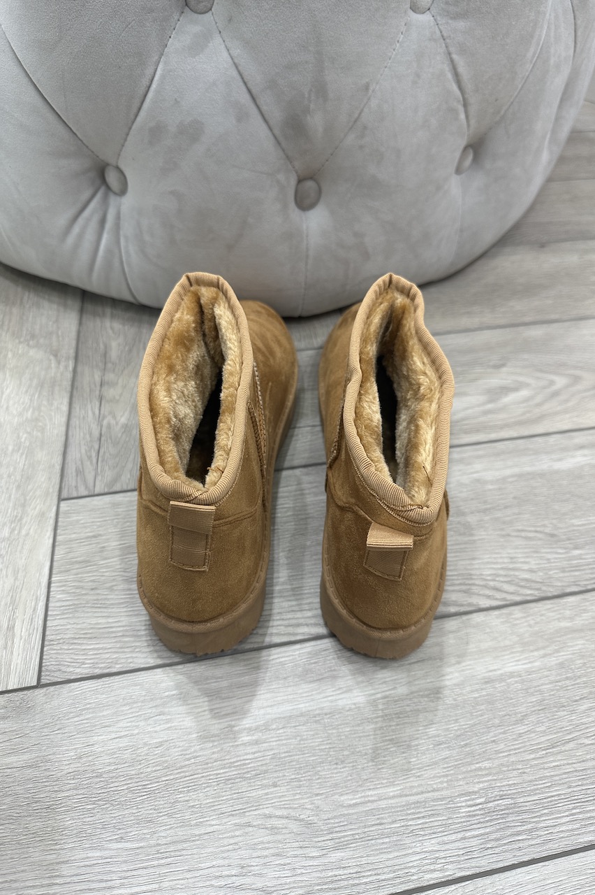 Ultra Mini Tan Faux Fur Ankle Suede Boots
