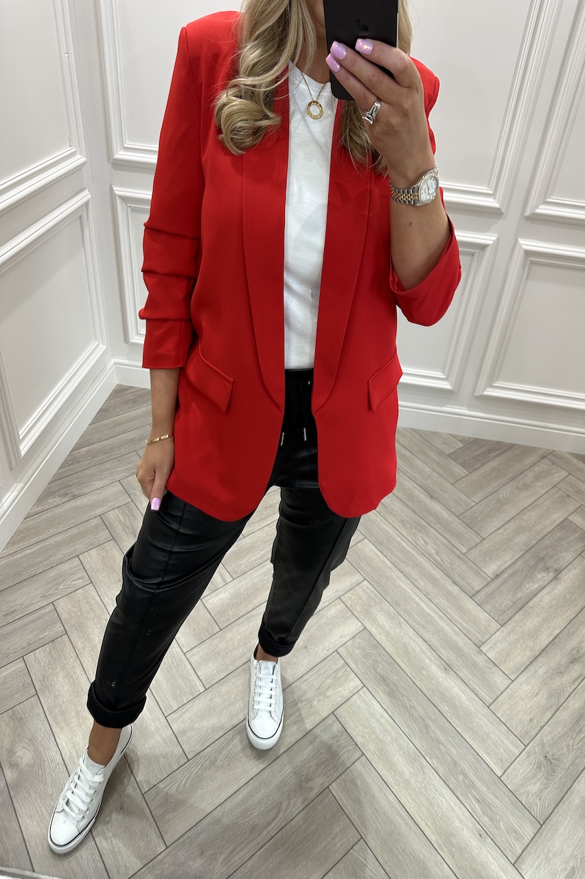 Ariana Red Classic Blazer with ruched sleeve