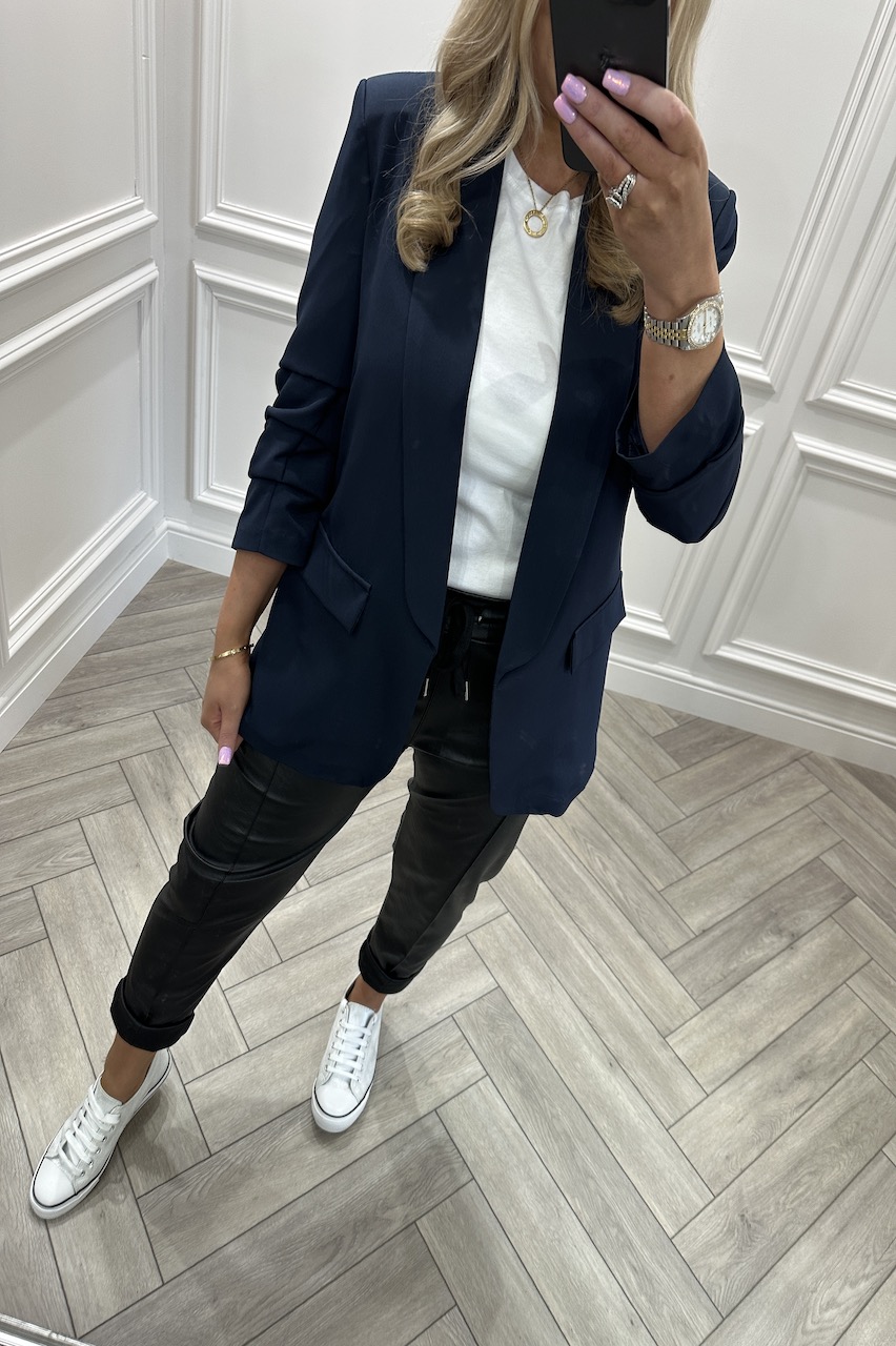 Ariana Navy Classic Blazer with ruched sleeve