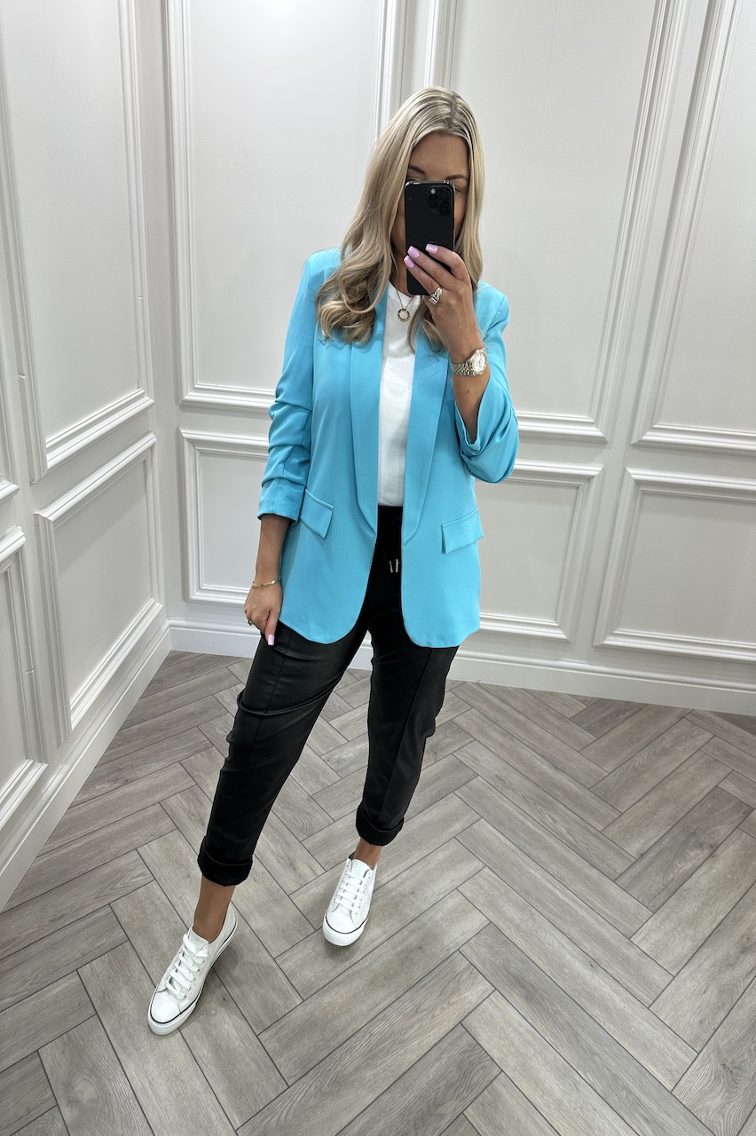  Ariana Blue Classic Blazer with ruched sleeve
