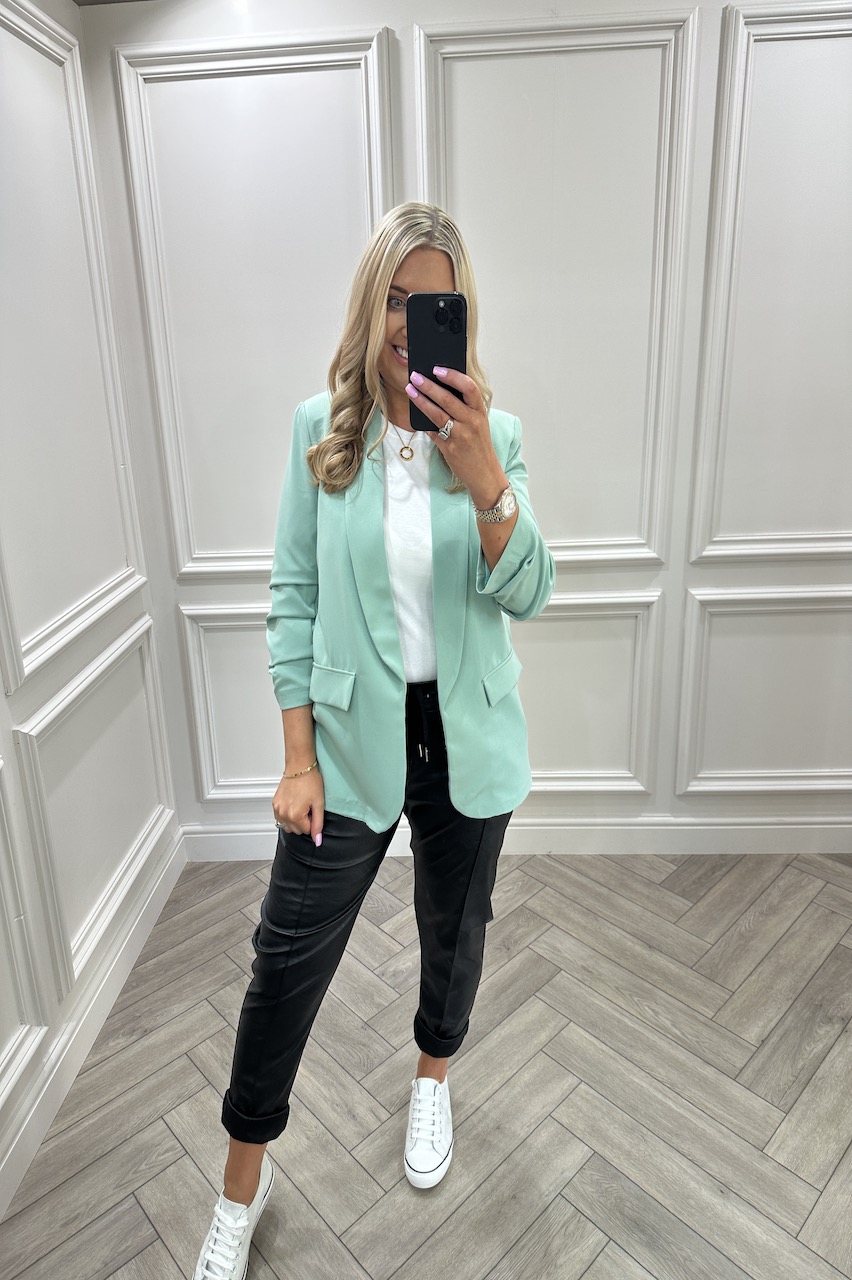Ariana Sage Green Classic Blazer with ruched sleeve