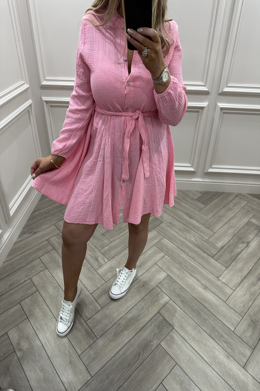 Michigan Baby Pink Button Skater Dress 