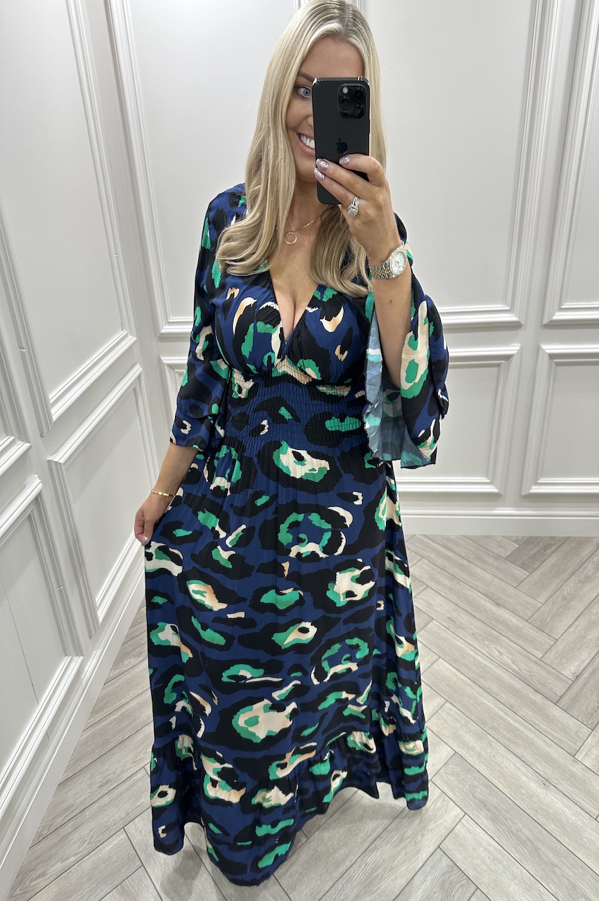 Orlando Navy Animal Print Shirred Midi Dress 