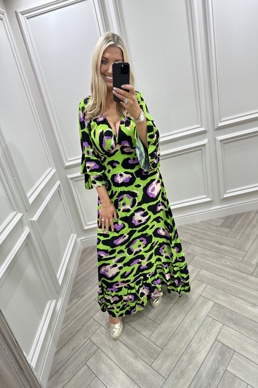 Orlando Lime Animal Print Shirred Midi Dress 