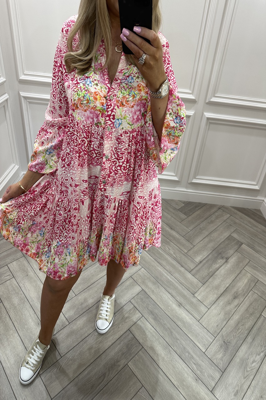 Phoenix Magenta Pattern Button Tunic Dress 