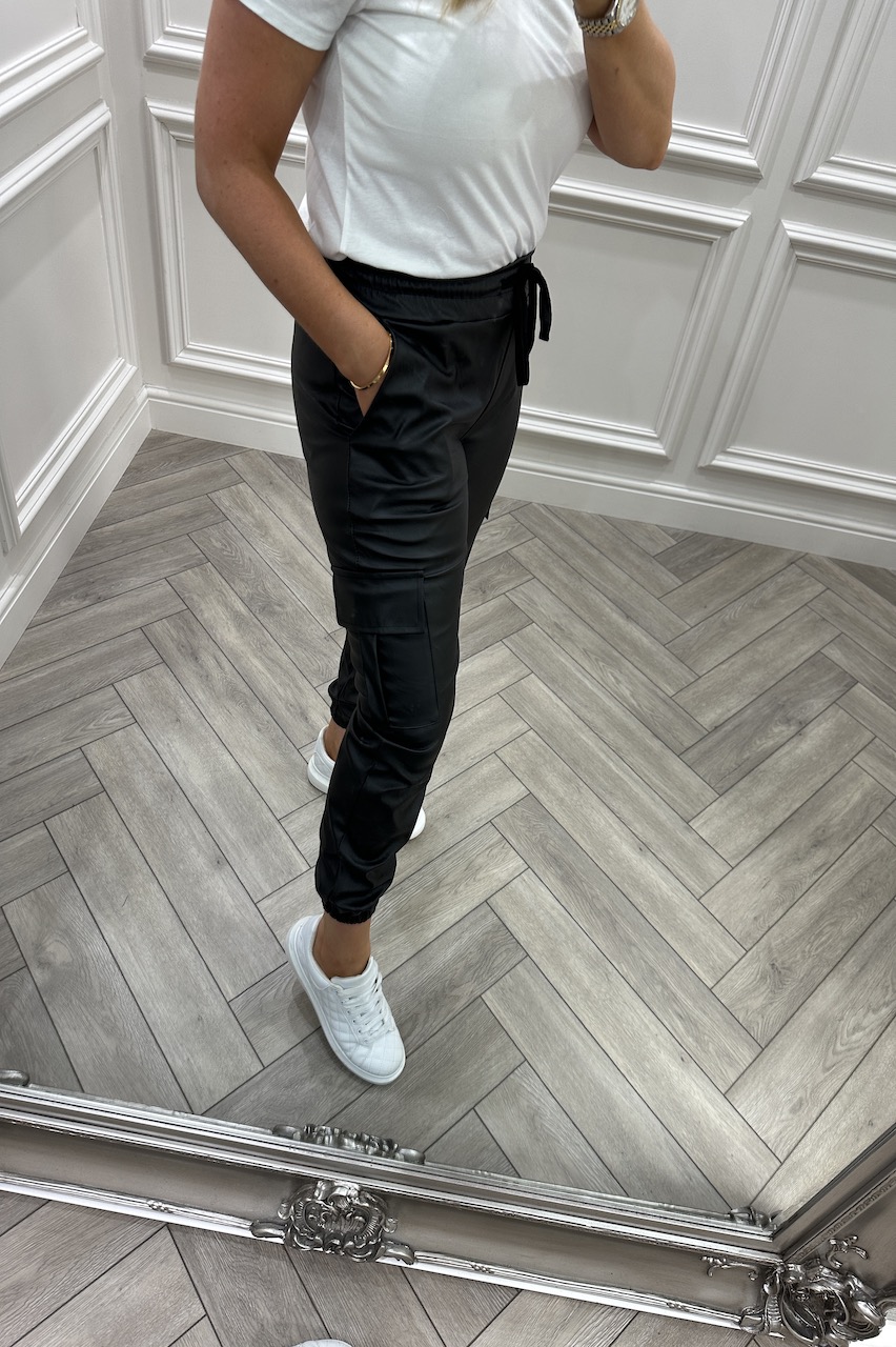Black Pocket Faux Leather Combat joggers