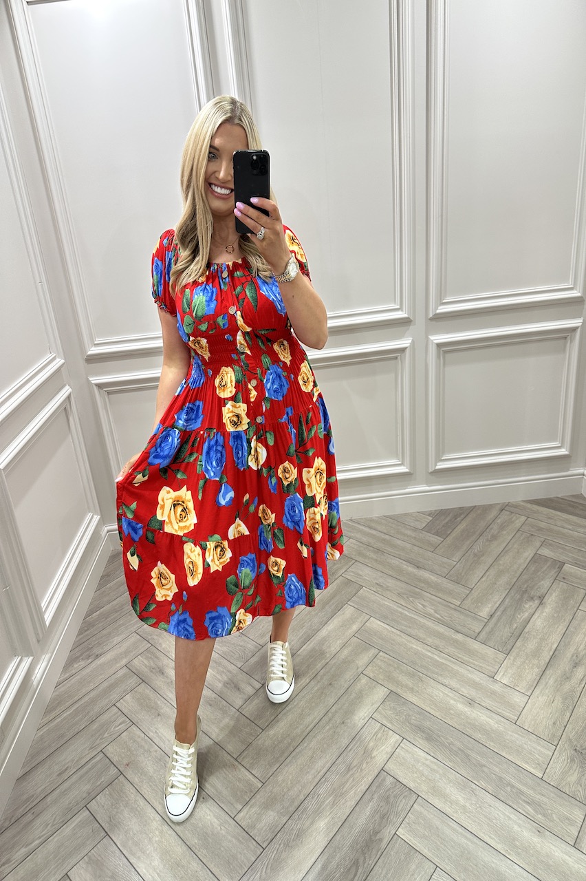 Adriana Red Floral Shirred Midi Dress